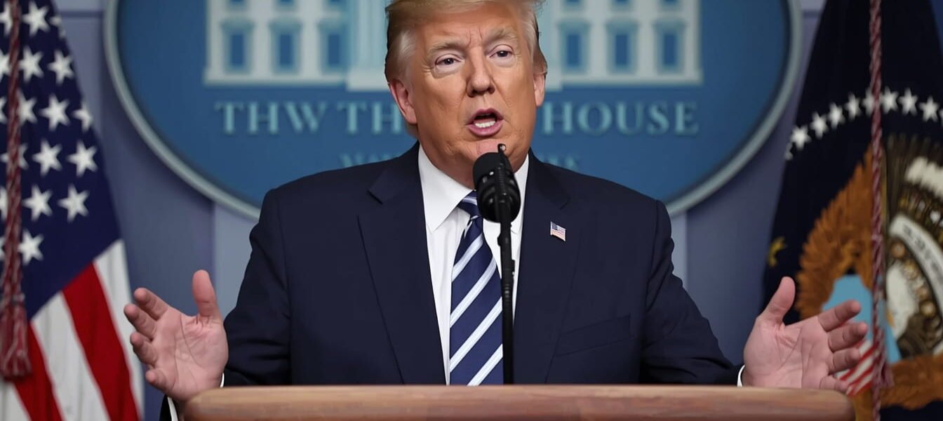 Former President Donald Trump speaking at a White House briefing on alleged Iranian plot to assassinate him, highlighting U.S.-Iran tensions and global security implications in 2026.