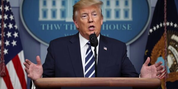 Former President Donald Trump speaking at a White House briefing on alleged Iranian plot to assassinate him, highlighting U.S.-Iran tensions and global security implications in 2026.