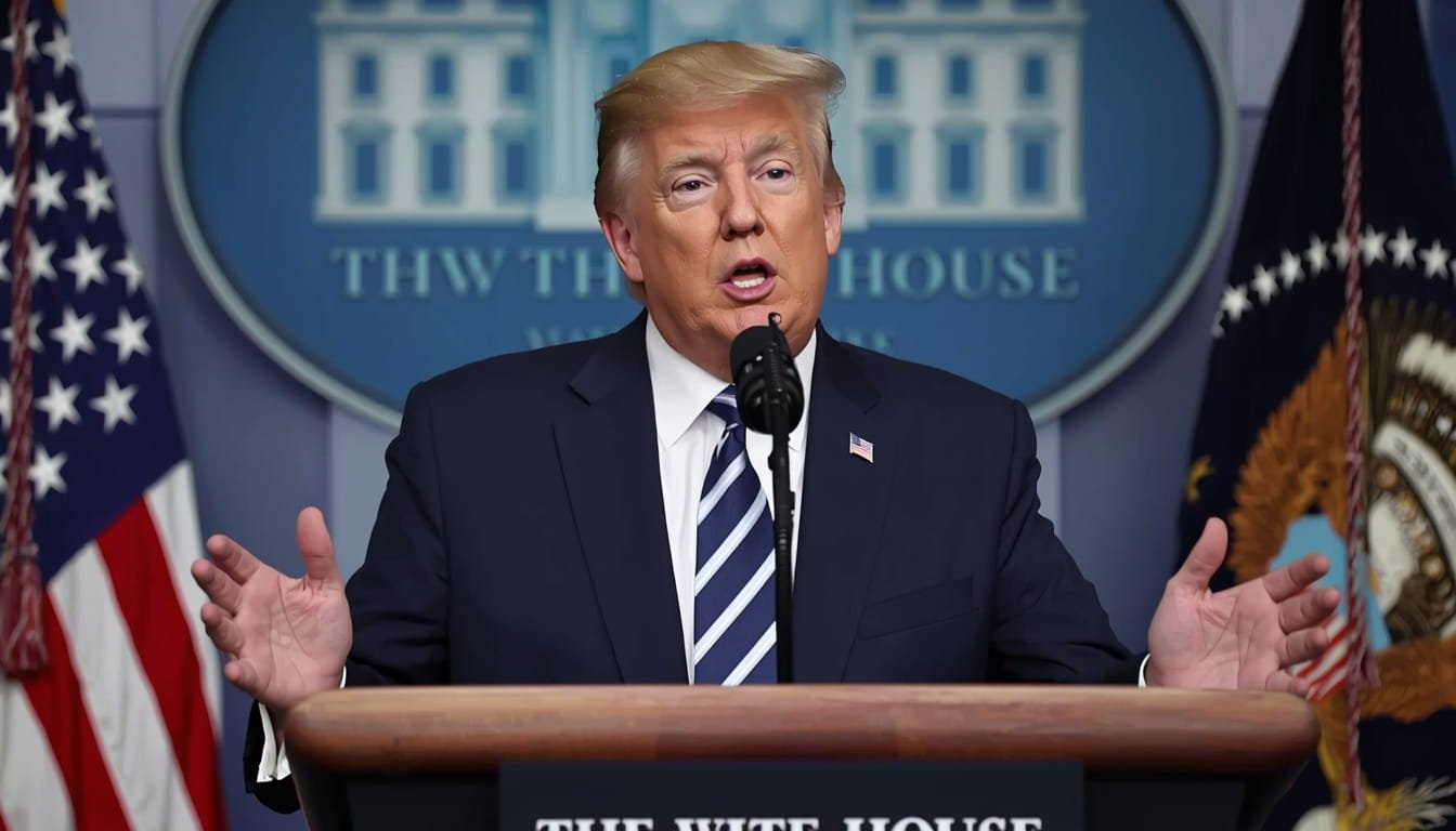 Former President Donald Trump speaking at a White House briefing on alleged Iranian plot to assassinate him, highlighting U.S.-Iran tensions and global security implications in 2026.