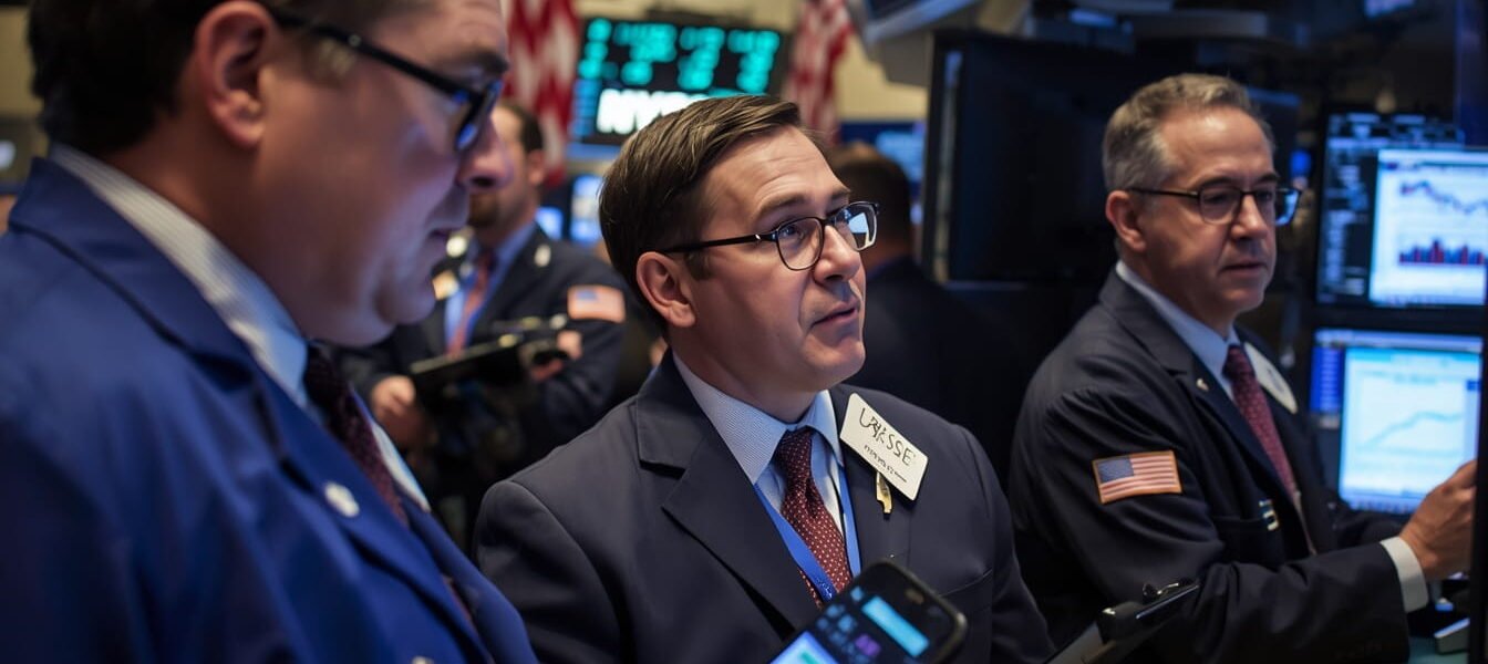 Stock market traders reacting to midday volatility triggered by an unexpected Federal Reserve signal on interest rates, showing fluctuating charts and investor movements on Wall Street.