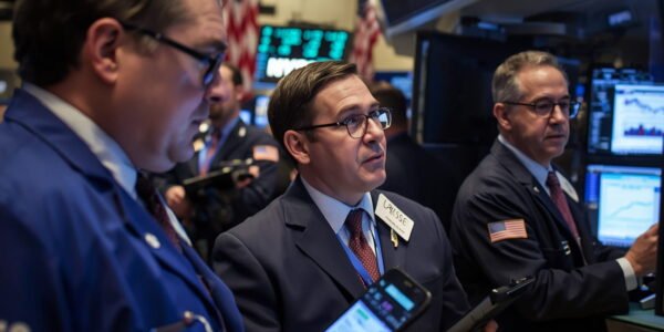 Stock market traders reacting to midday volatility triggered by an unexpected Federal Reserve signal on interest rates, showing fluctuating charts and investor movements on Wall Street.