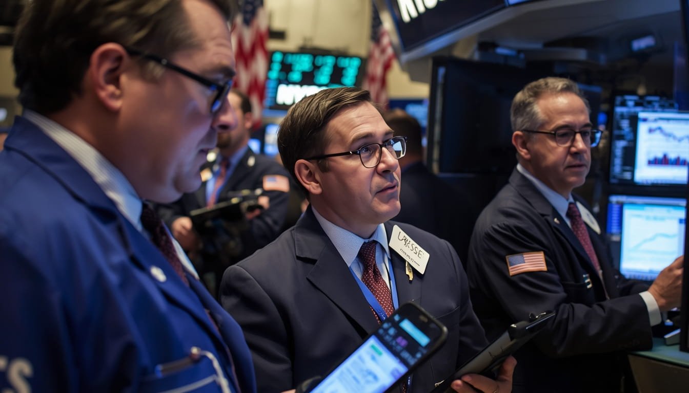 Stock market traders reacting to midday volatility triggered by an unexpected Federal Reserve signal on interest rates, showing fluctuating charts and investor movements on Wall Street.